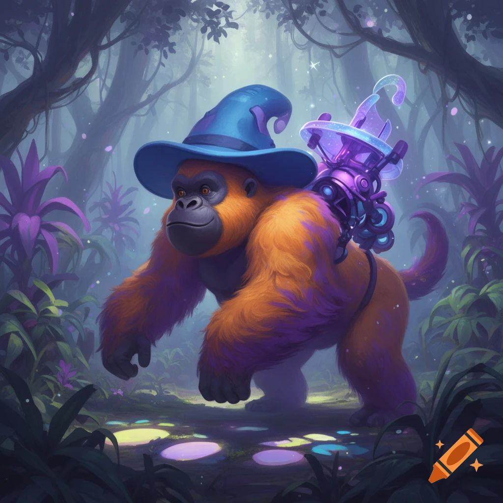 An orange gorilla with purple fur accents wears a blue wizard hat and a purple device on its back, walking through an enchanted forest.