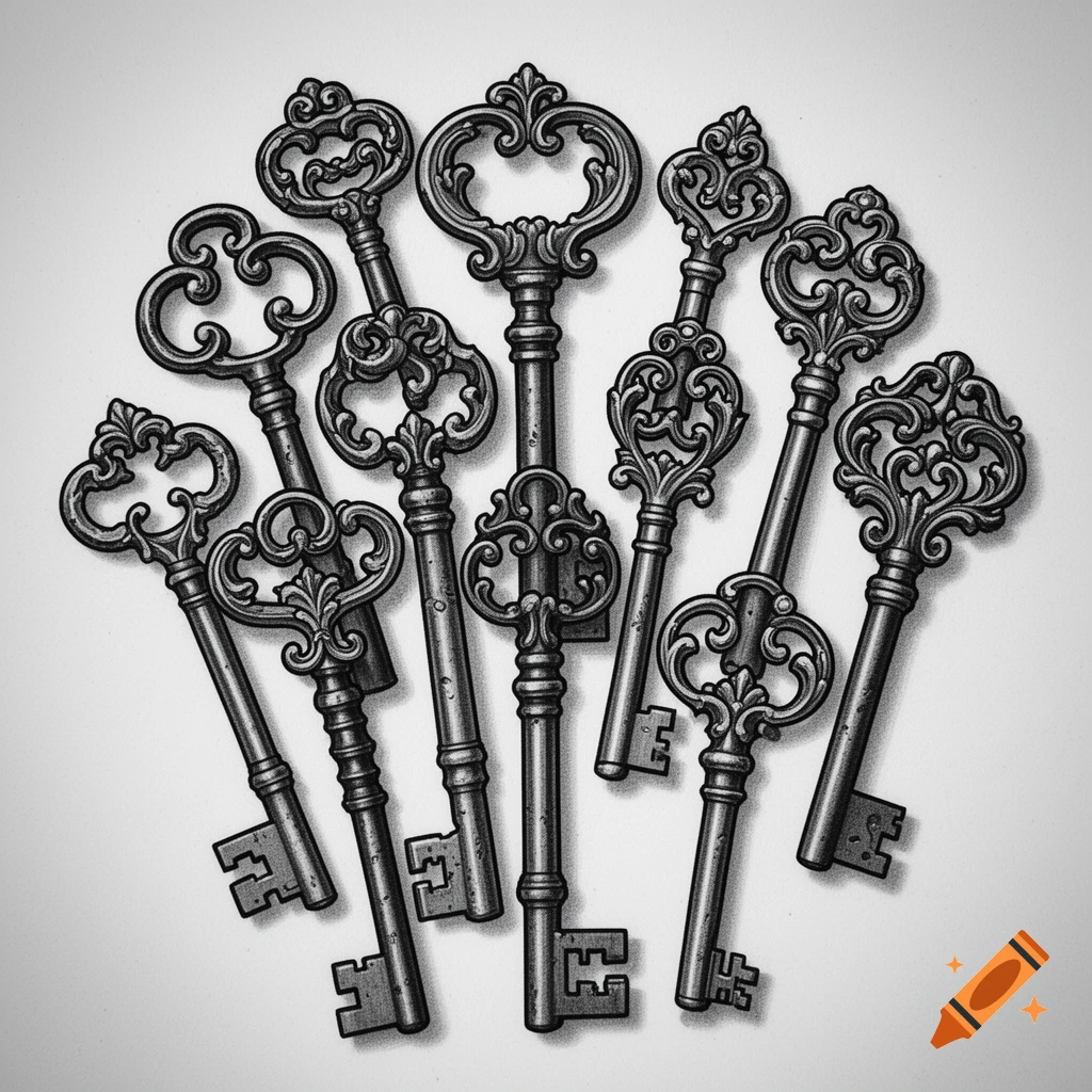 A black grayscale fine line illustration of various ornate vintage skeleton keys arranged on a white background.