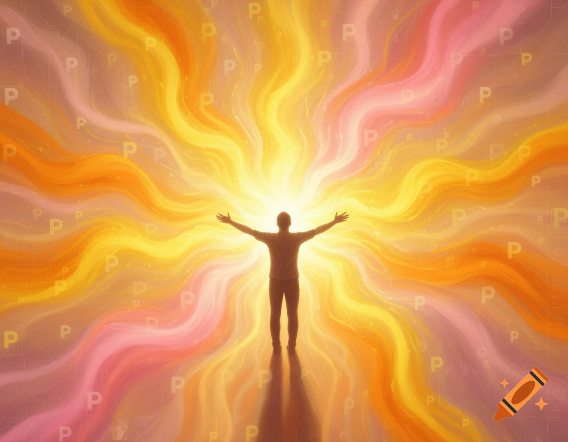 A silhouetted person with arms open, centered in a burst of vibrant yellow, orange, and pink energy, with faint 'P' patterns in the background.
