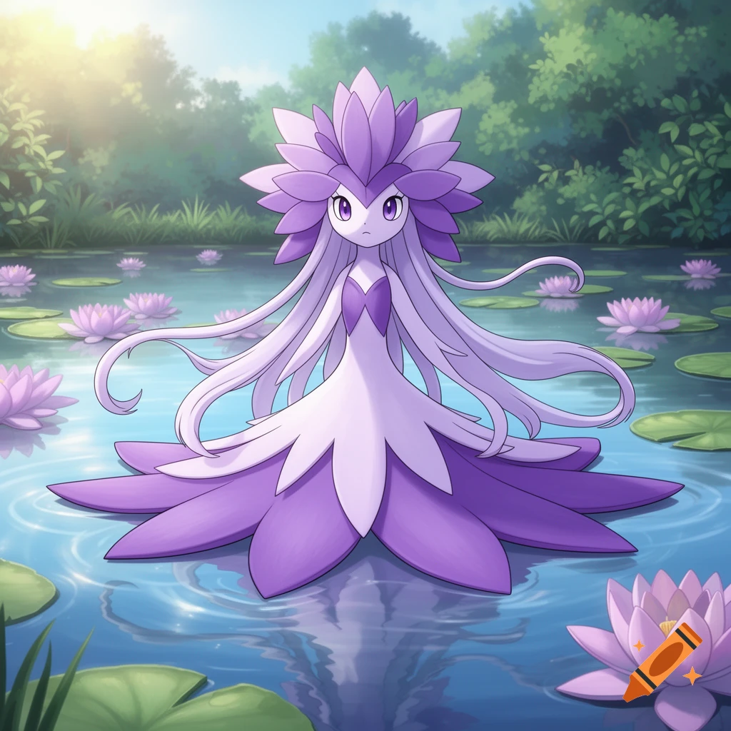 A purple, lotus-like Pokémon variant with long white tendrils sits in a pond among lily pads and pink water lilies.
