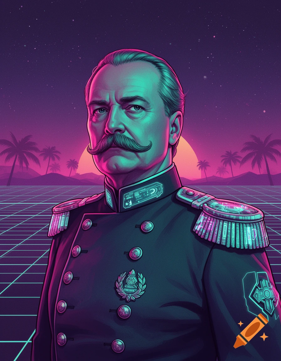Synthwave portrait of a man with a mustache in a futuristic military uniform, against a neon grid and palm tree sunset.