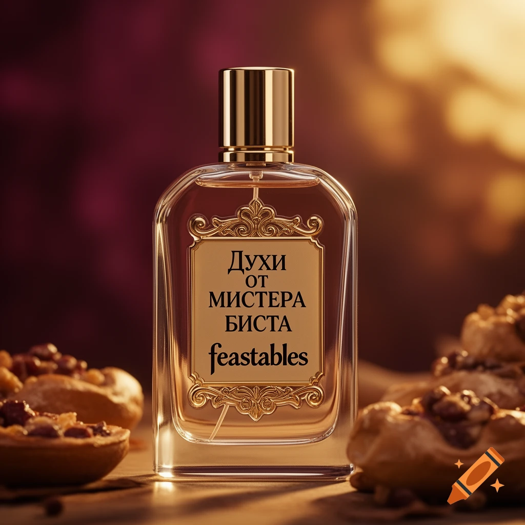 A clear glass perfume bottle with a gold top and a gold-framed label, featuring Russian and English text, surrounded by pastries on a wooden surface with a warm, blurry background.