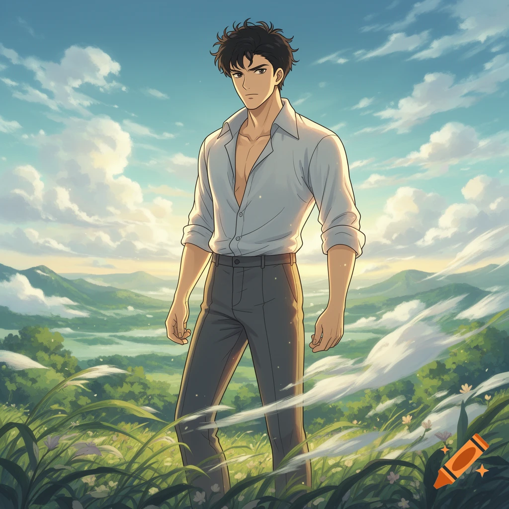 Anime illustration of a dark-haired man in an open white shirt and dark pants, standing in a grassy field with mountains and clouds at sunset.