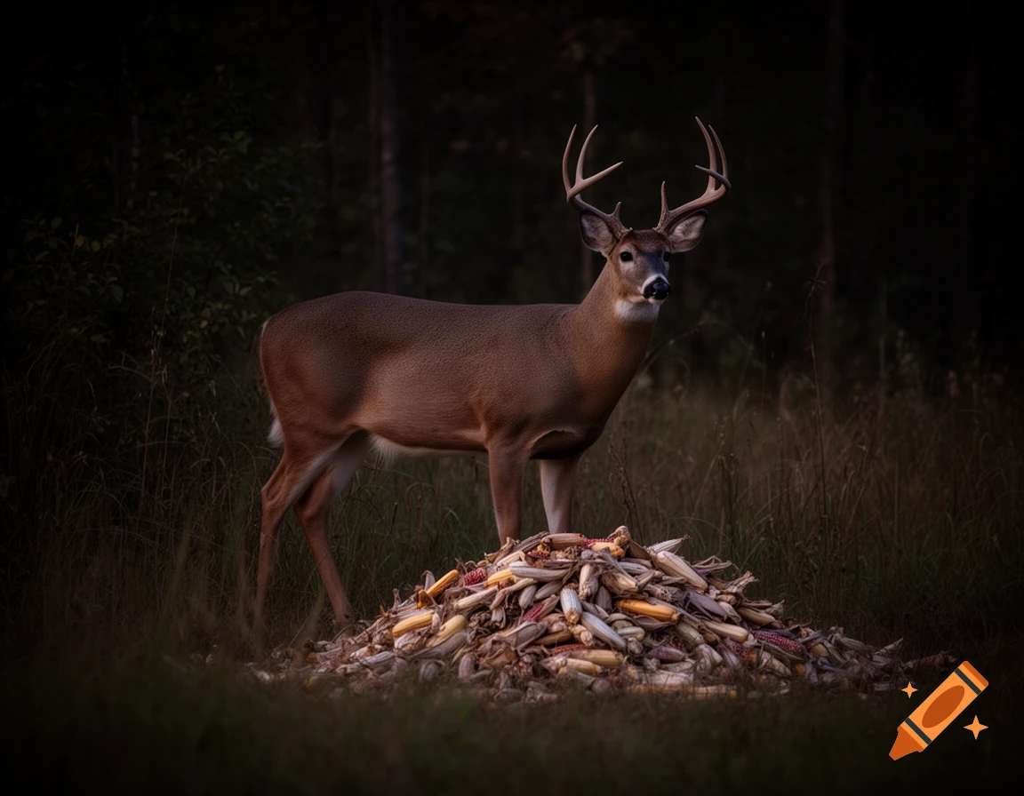 A large whitetail buck with prominent antlers stands next to a tall pile of corn at dusk in a dark forest, photorealistic.
