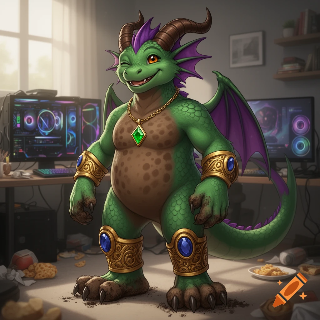 A winking, chubby green anthropomorphic dragon with purple wings and gold jewelry stands in a cluttered gaming room, digital art.