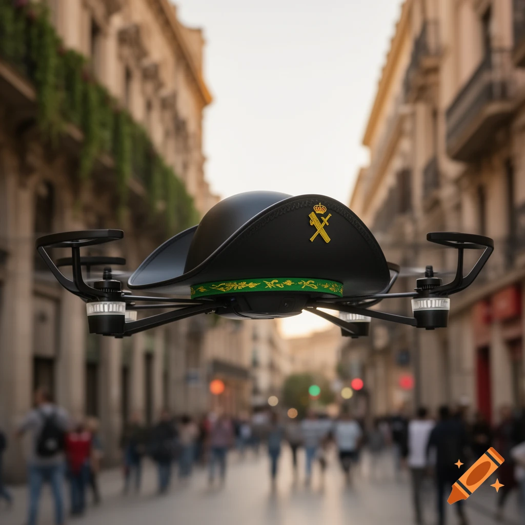 Photorealistic drone shaped like a black tricorn hat with a gold emblem and green band, floating above a busy, blurred urban street.