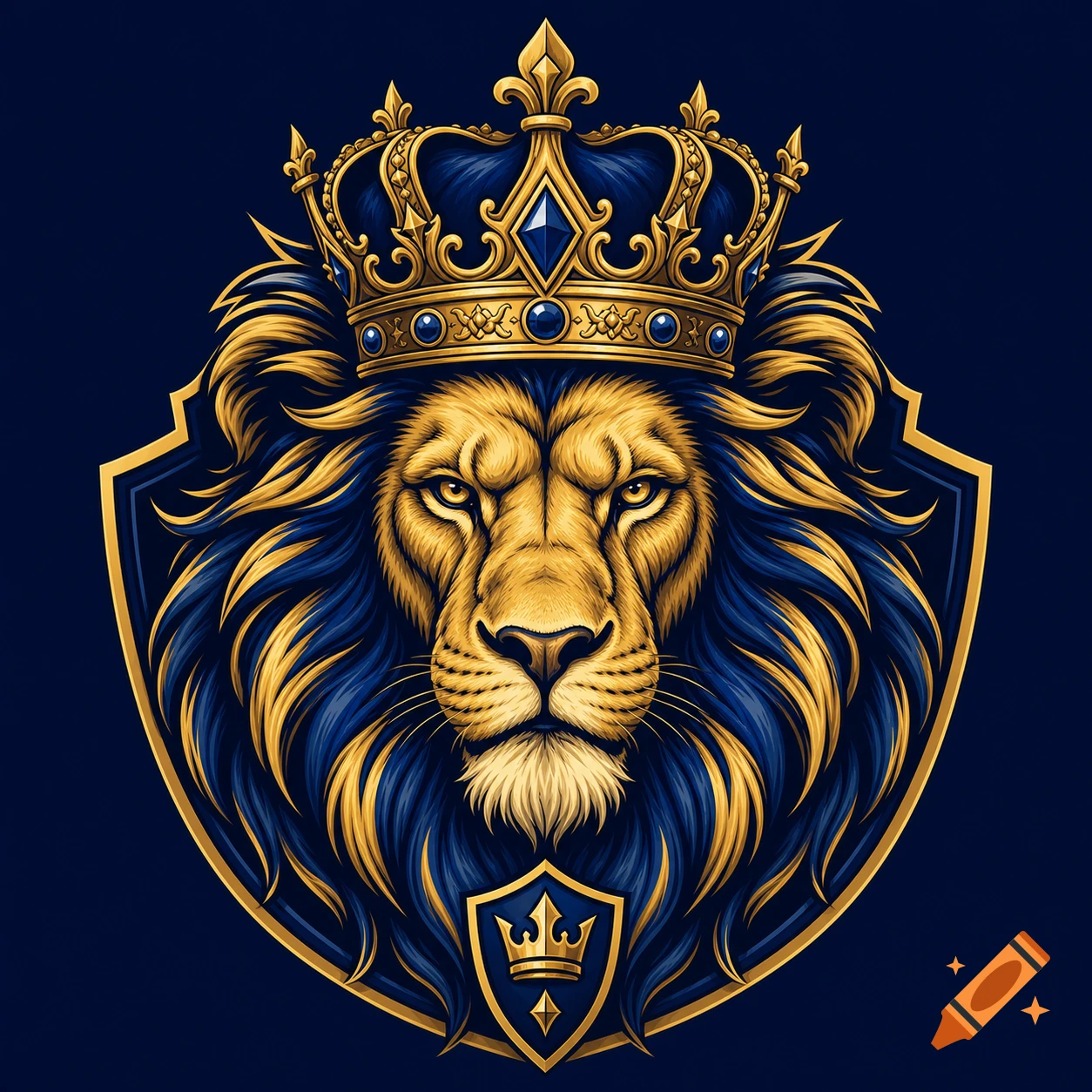 A close-up illustration of a majestic lion's head with a golden and blue mane, wearing a large gold crown, set against a dark blue shield.