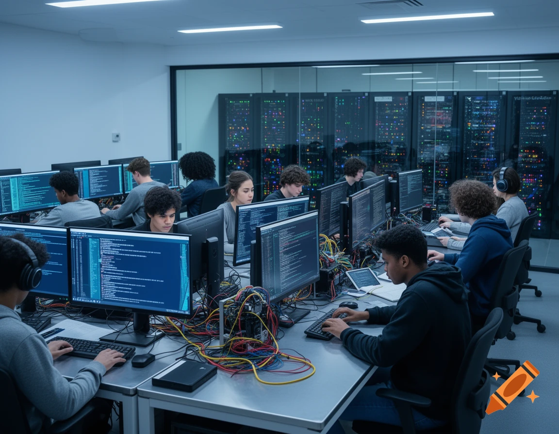 Students in a modern cybersecurity lab work at computers showing lines of code. Server racks are visible in the background.