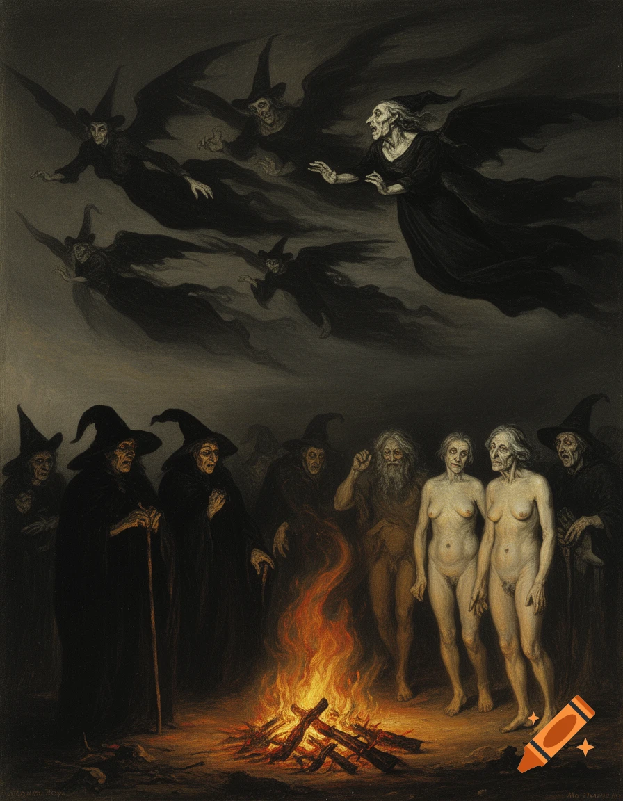 Dark, Goya-esque painting depicting witches at a sabbath, some flying and some gathered around a fire with naked figures.