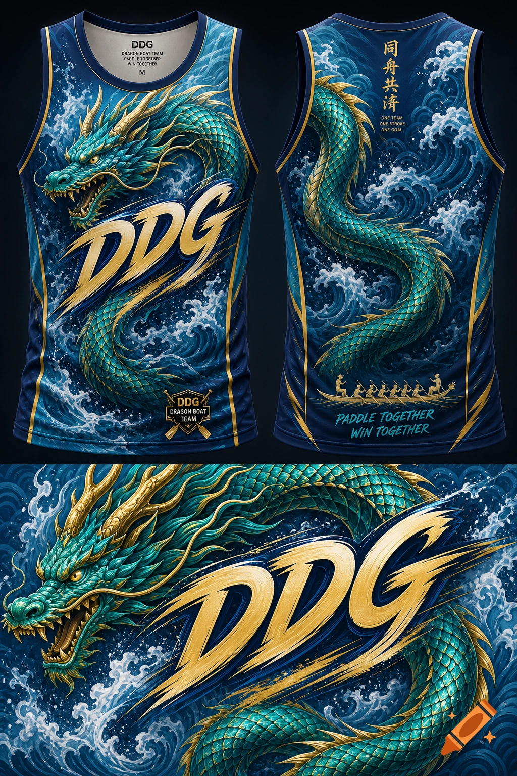 A front and back view of a blue dragon boat team singlet with a large teal and gold dragon, stylized waves, and the team name "DDG" in bold gold text.