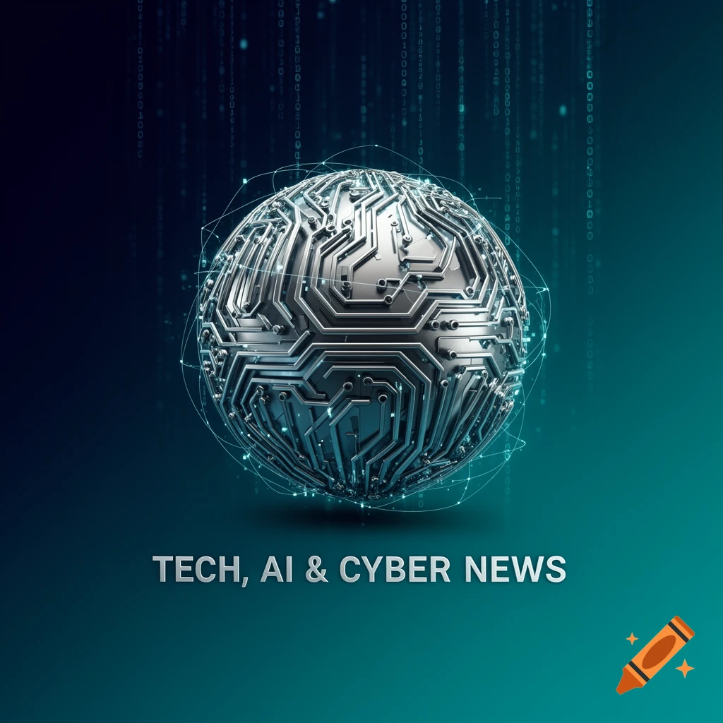 A metallic circuit board sphere against a digital background with falling binary code, featuring text 'TECH, AI & CYBER NEWS'.