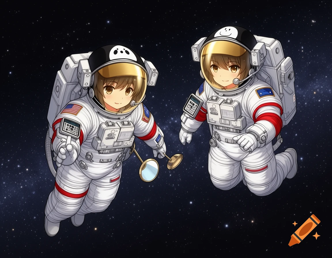 Two anime girls in white and red space suits float in the starry expanse of deep space, holding communication equipment and wrist mirrors.