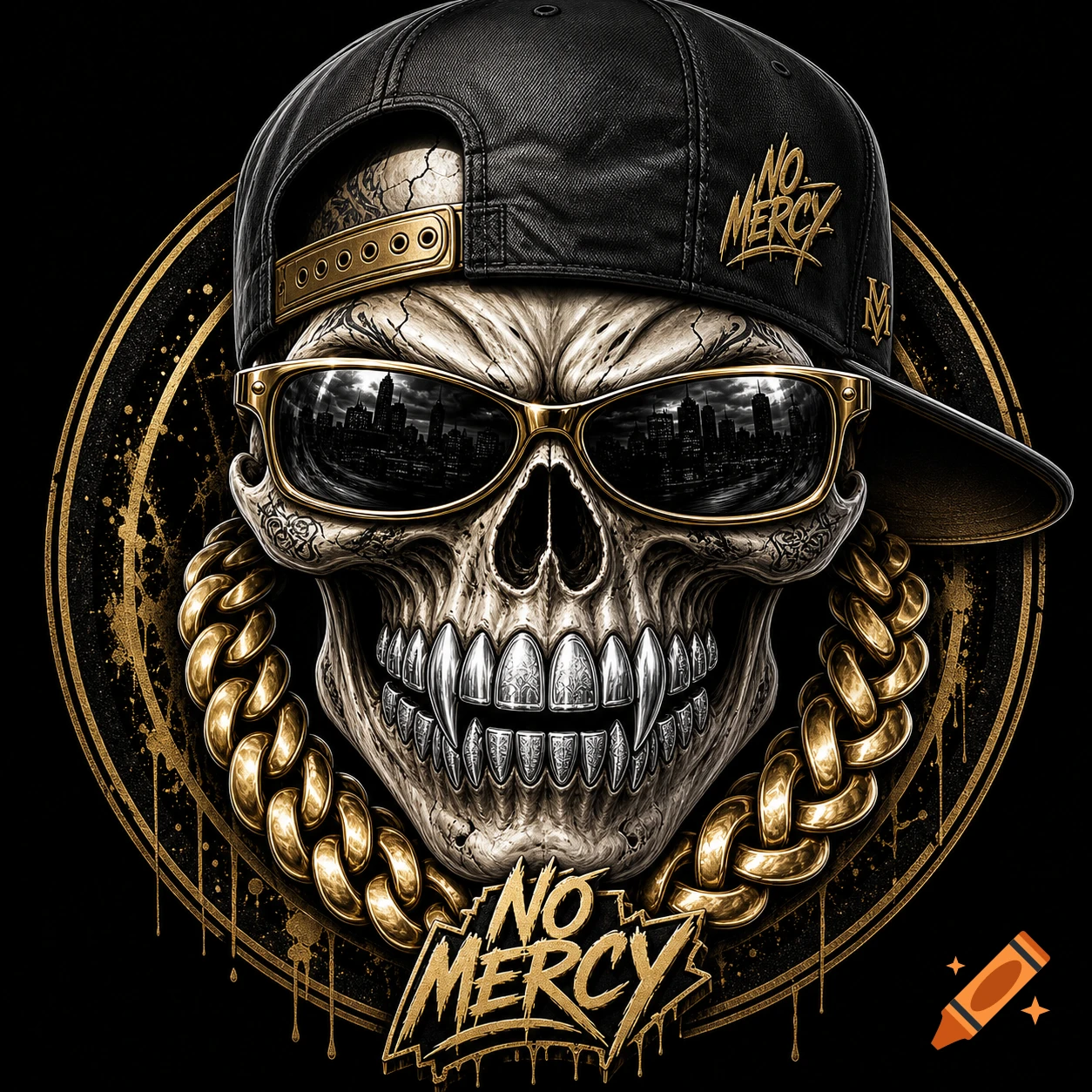 A detailed evil skull wearing a backwards fitted hat, gold chain, and sunglasses reflecting a city, with a platinum fang grill.