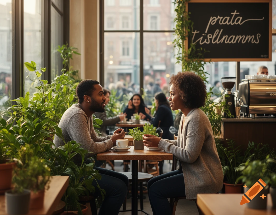 A diverse couple enjoys coffee and conversation at a wooden table in a bright, plant-filled cafe with large windows.