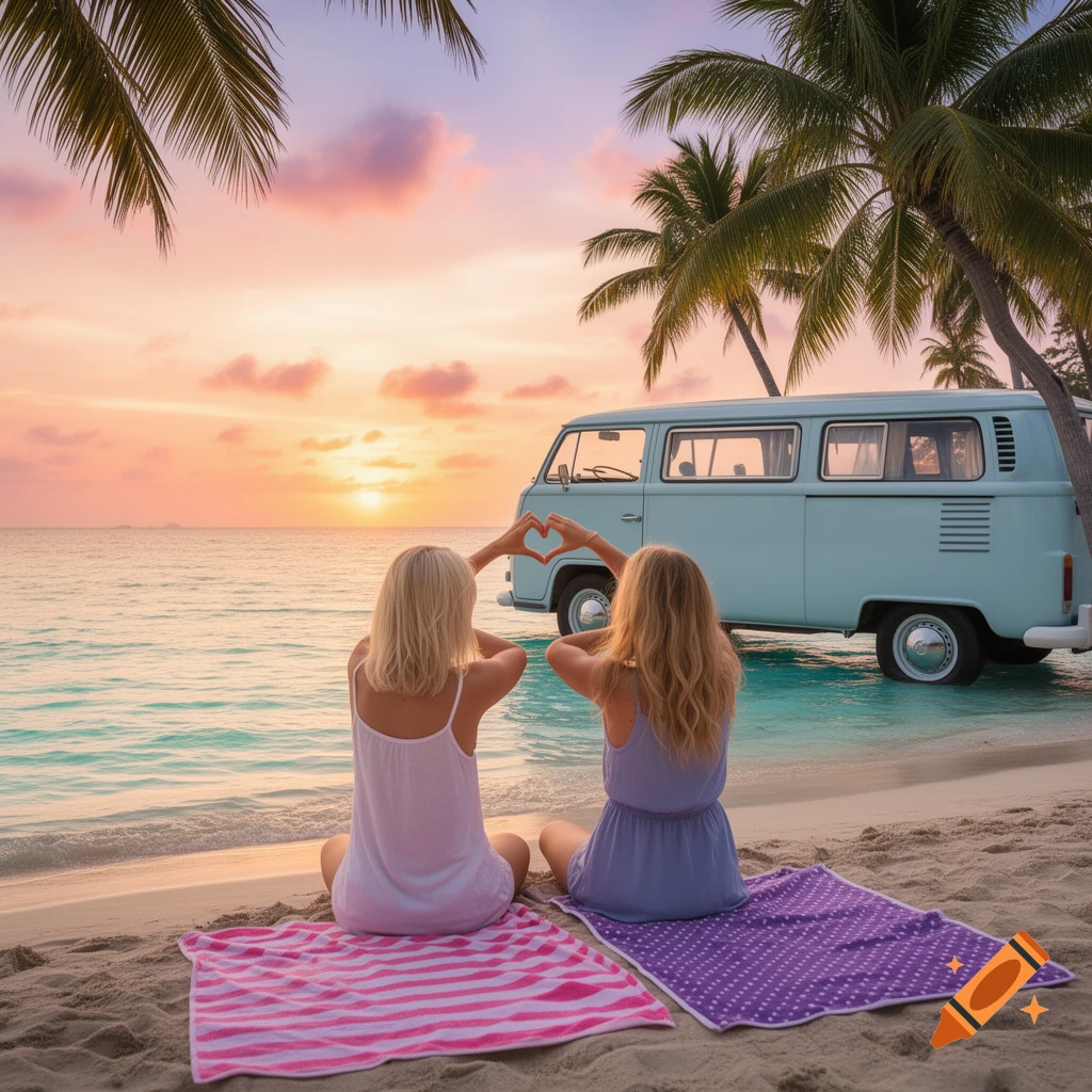 Two women on a beach at sunset, making a heart shape with their hands in front of a blue vintage camper van and palm trees. Photorealistic.