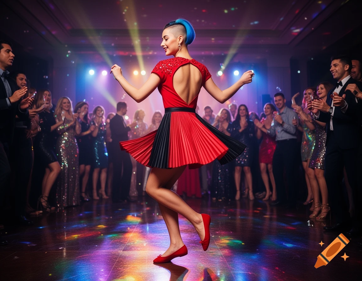 A woman with blue shaved hair dances in a red and black pleated dress at a lively party with a cheering crowd and colorful lights.