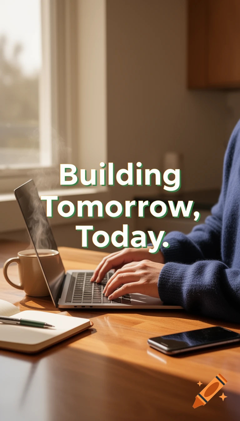 A person types on a laptop at a wooden table with a steaming coffee cup, notebook, and phone, with 'Building Tomorrow, Today.' text overlay.