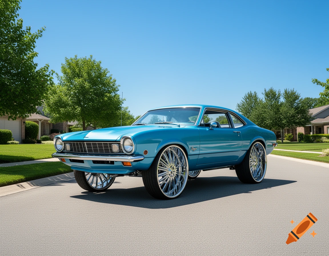A photorealistic bright blue 1972 Ford Maverick donk with large chrome wheels parked on an asphalt road in a suburban neighborhood on a clear day.