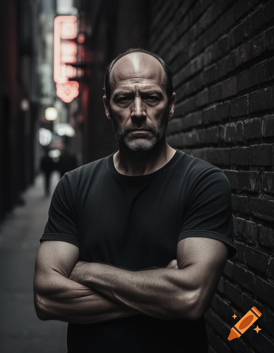 A stern, bald man with a beard and a dark t-shirt stands with crossed arms in a dark, moody urban alley.