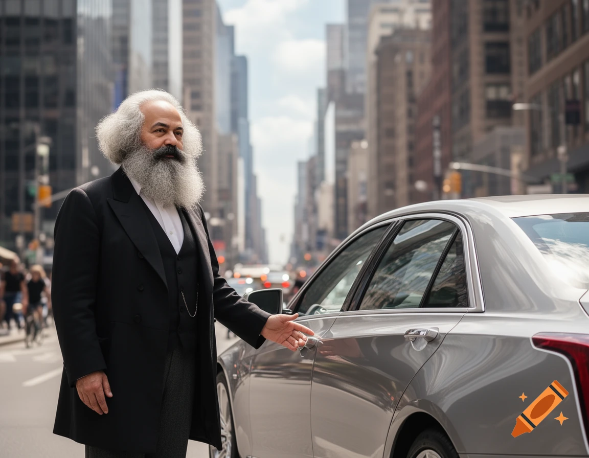 Karl Marx, with his distinctive white hair and beard, stands in a dark suit next to a silver Cadillac on a city street.