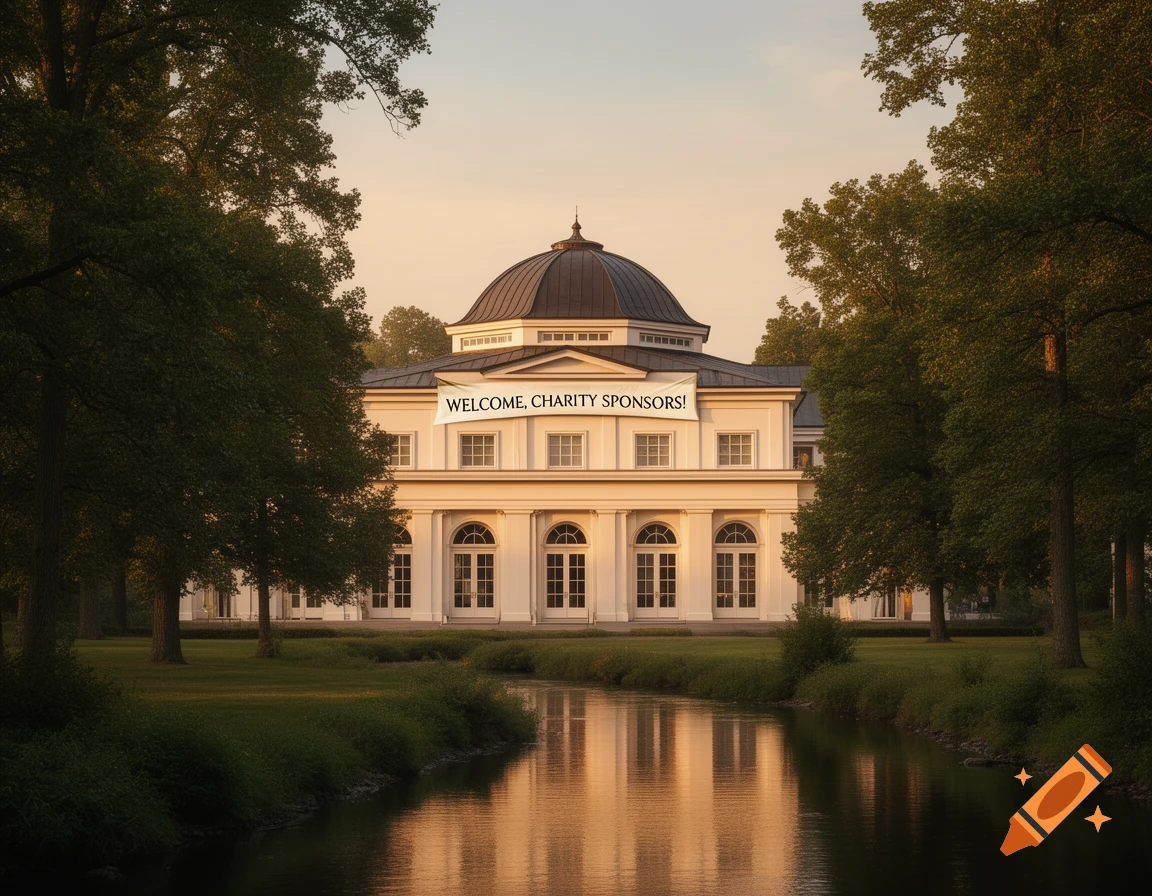 A grand white banquet hall with a black dome roof and a 'WELCOME, CHARITY SPONSORS!' banner, framed by trees and reflected in a river at sunset.