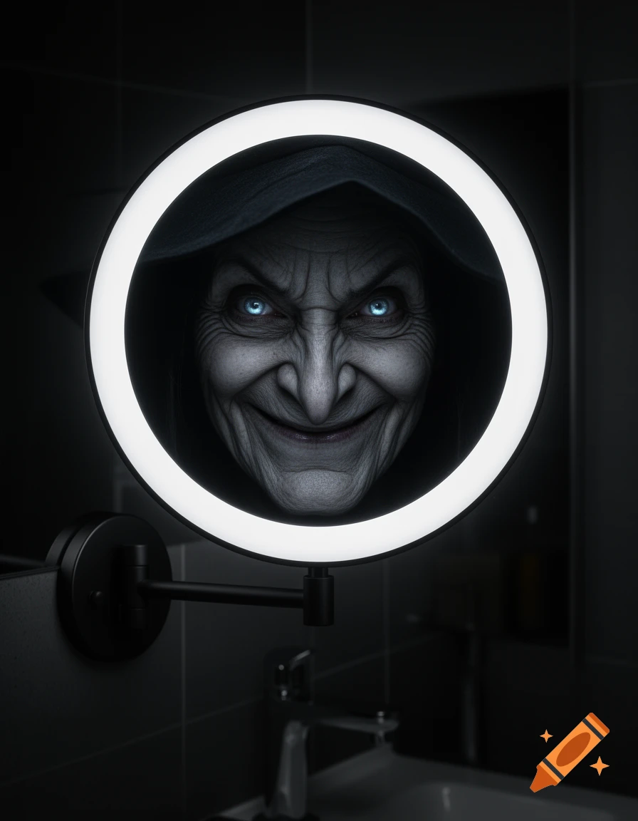 A terrifying witch with glowing blue eyes and a sinister grin reflects in a round, illuminated cosmetic mirror in a dark bathroom.