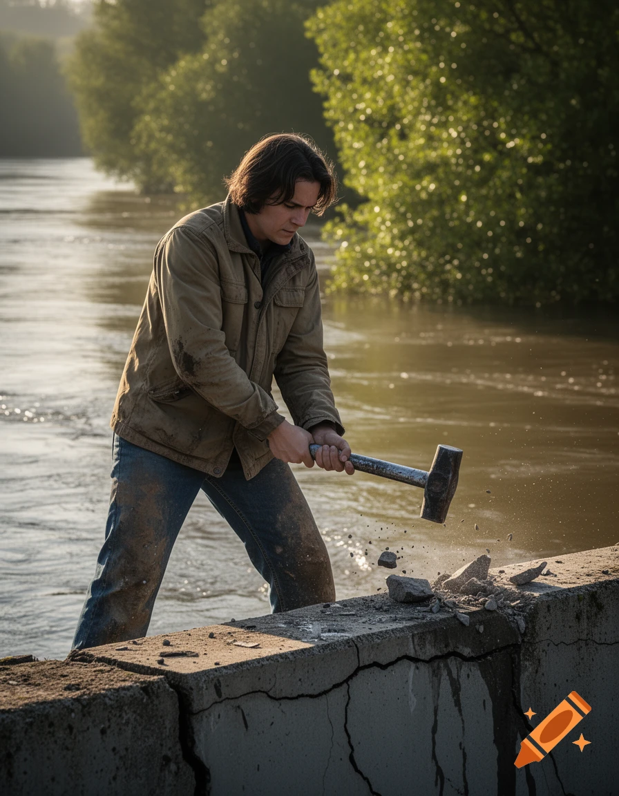A man in a dirty jacket and jeans uses a sledgehammer to break a cracked concrete barrier along a riverbank at sunset.