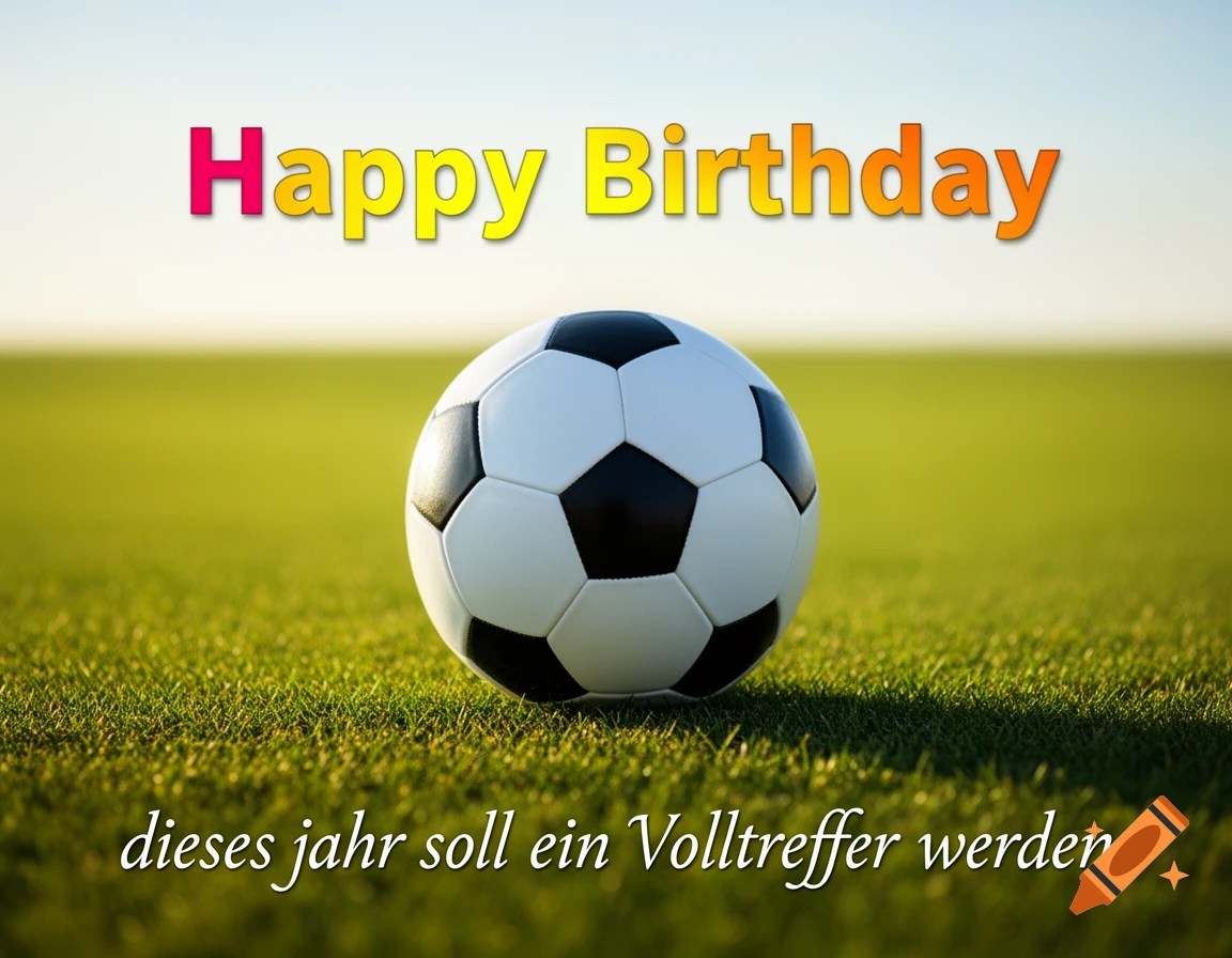 Photorealistic soccer ball on a green field with 'Happy Birthday' and 'dieses jahr soll ein Volltreffer werden' text.