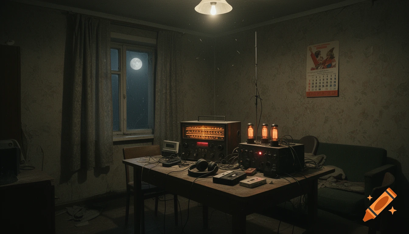 Dim Soviet apartment interior with vintage radio equipment, glowing tubes, and cassette tapes on a wooden table. A full moon is seen through the window.