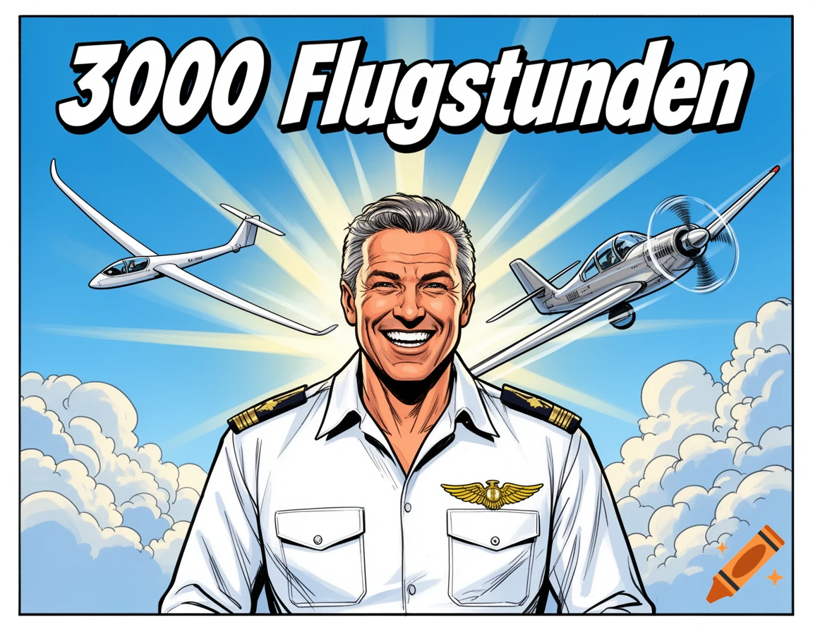 A smiling comic-style pilot in uniform, with a glider and propeller plane, celebrating '3000 Flugstunden' against a sunny sky with clouds.