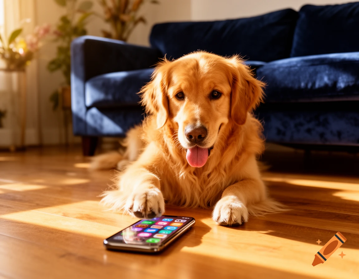 A golden retriever dog with its tongue out, lying on a wooden floor next to a smartphone with app icons on its screen. A blue couch is in the background.