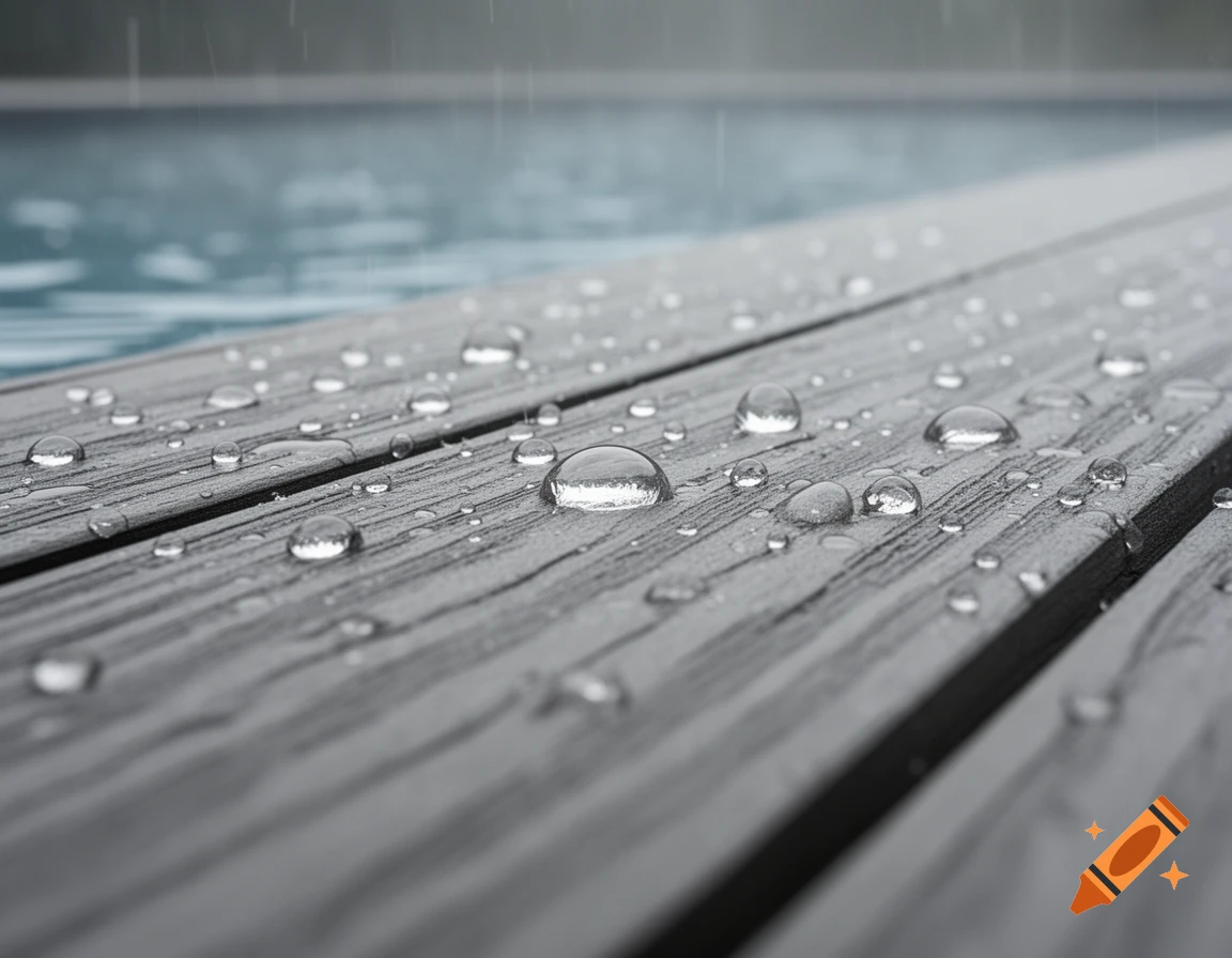 Close-up of water droplets on a grey wooden deck surface during rain, with a blurred pool in the background.