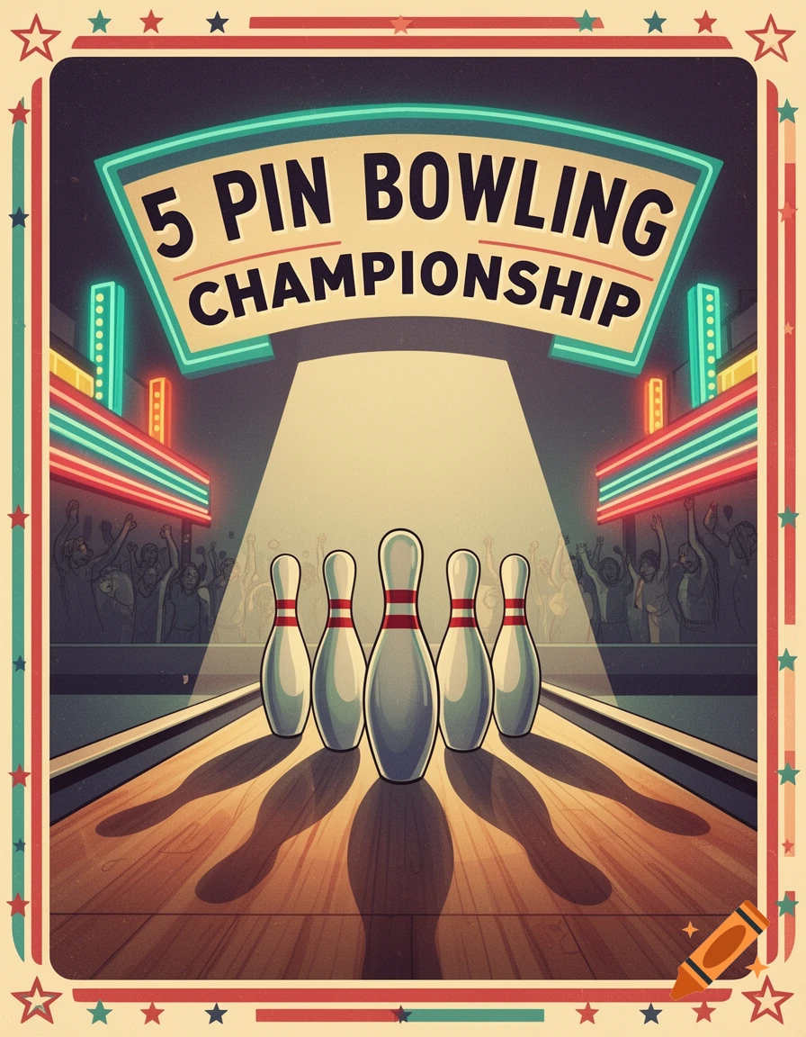 Retro poster for a 5 Pin Bowling Championship, featuring bowling pins on a lane, spotlight, neon signs, and a cheering crowd.
