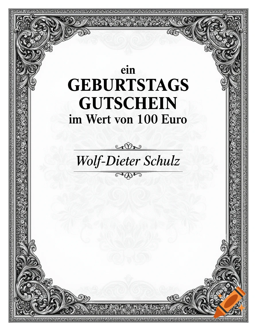 A black and white birthday voucher with ornate borders, reading 'ein GEBURTSTAGS GUTSCHEIN im Wert von 100 Euro' for 'Wolf-Dieter Schulz'.