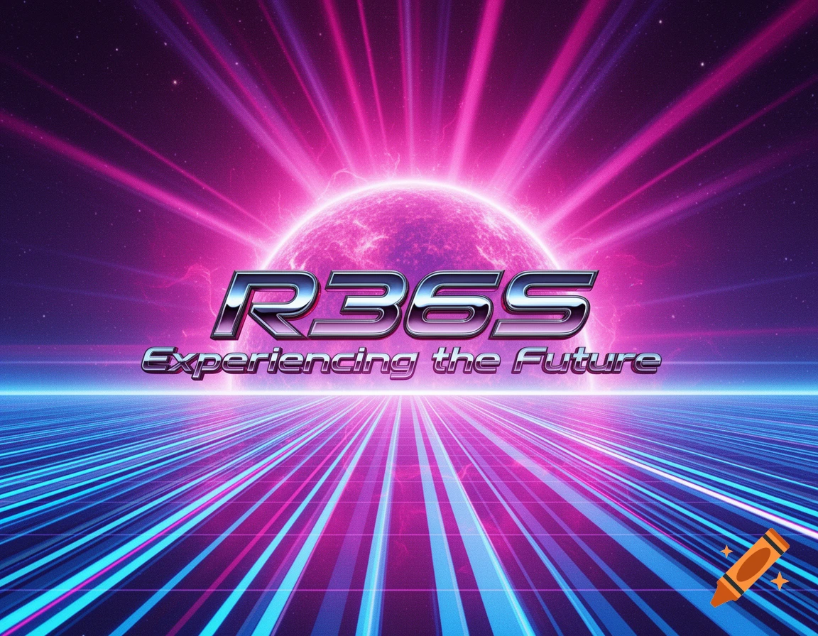 Vibrant retro-futuristic space scene with a glowing pink sun, starfield, and neon blue/pink grid lines, featuring the text 'R36S - Experiencing the Future'.