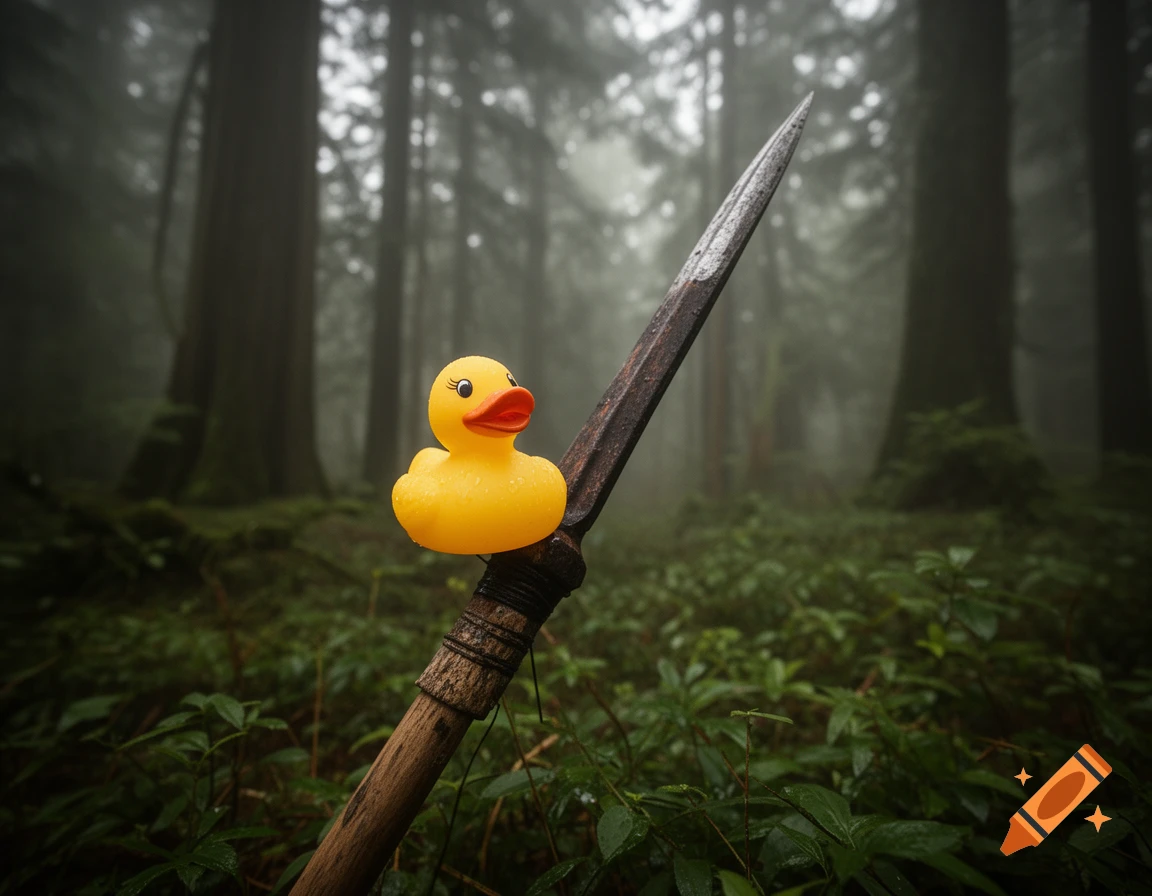 A yellow rubber duck is perched on a spear in a misty, dark forest. Photorealistic style.