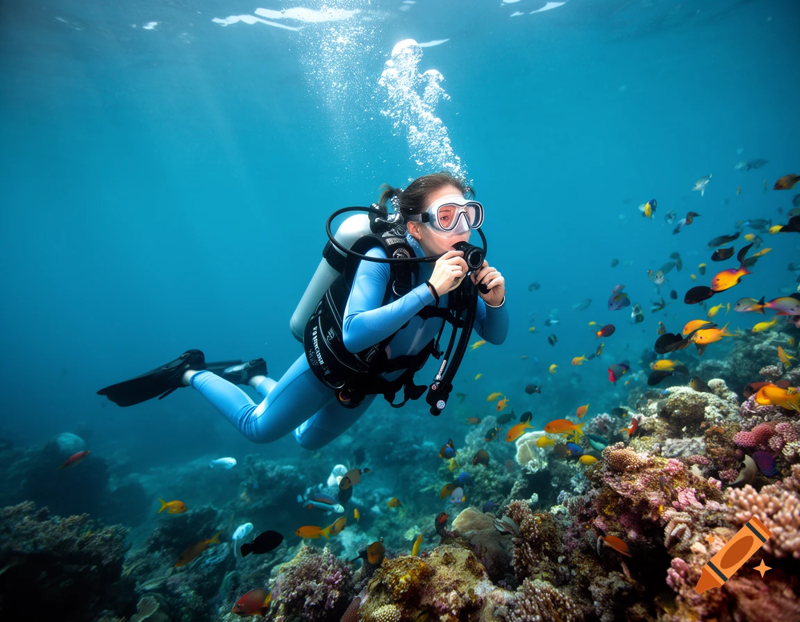A photorealistic image of a female scuba diver exploring a vibrant coral reef teeming with colorful fish.
