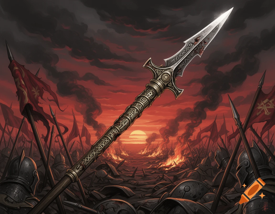 A stylized war pike with intricate engravings and bloodstains, set against a dark, fiery battlefield at sunset with fallen soldiers and banners.