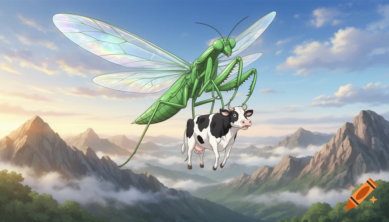 A giant green praying mantis carries a black and white cow over a misty mountain range, anime style.