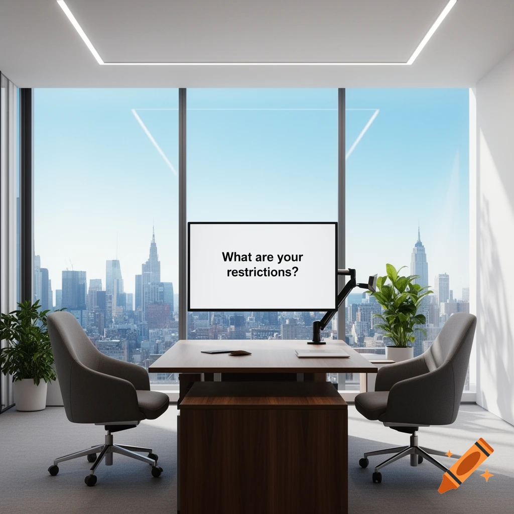 A modern office with a desk, two chairs, and a monitor displaying 'What are your restrictions?' overlooking a city skyline.