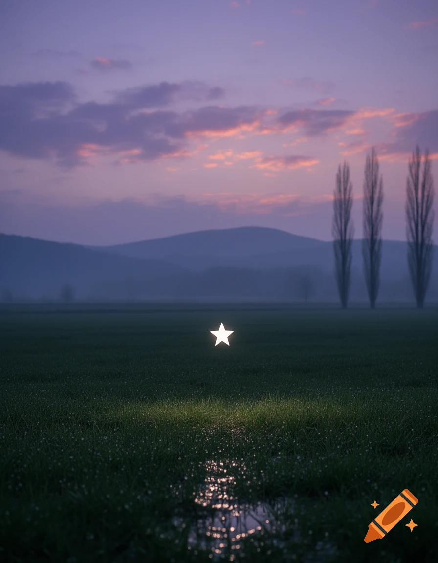 A glowing white star hovers over a dew-covered grassy field with a puddle reflecting its light. Purple mountains and tall trees are in the background under a pink and purple twilight sky.