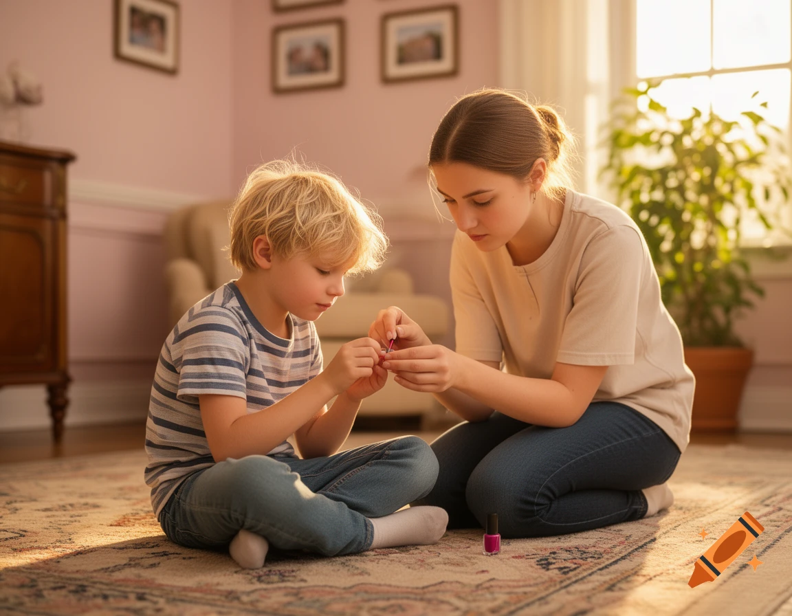 A young blond boy sits on a patterned rug while an older girl paints his nails, bathed in warm indoor light.