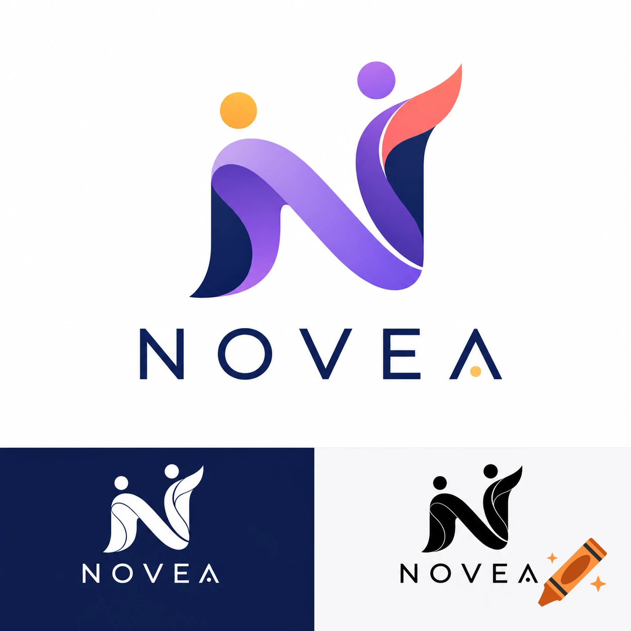 Modern logo for NOVEA, an abstract flowing N symbol in purple, violet, and orange gradients, with black and white variations.