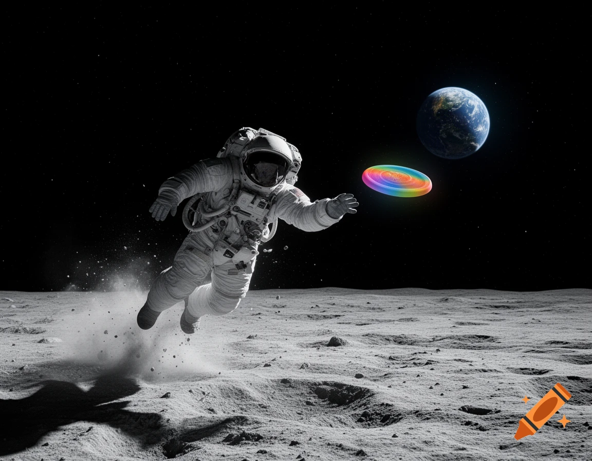 Astronaut in a spacesuit dives to catch a rainbow frisbee on the moon, with Earth visible in the background. Photorealistic.