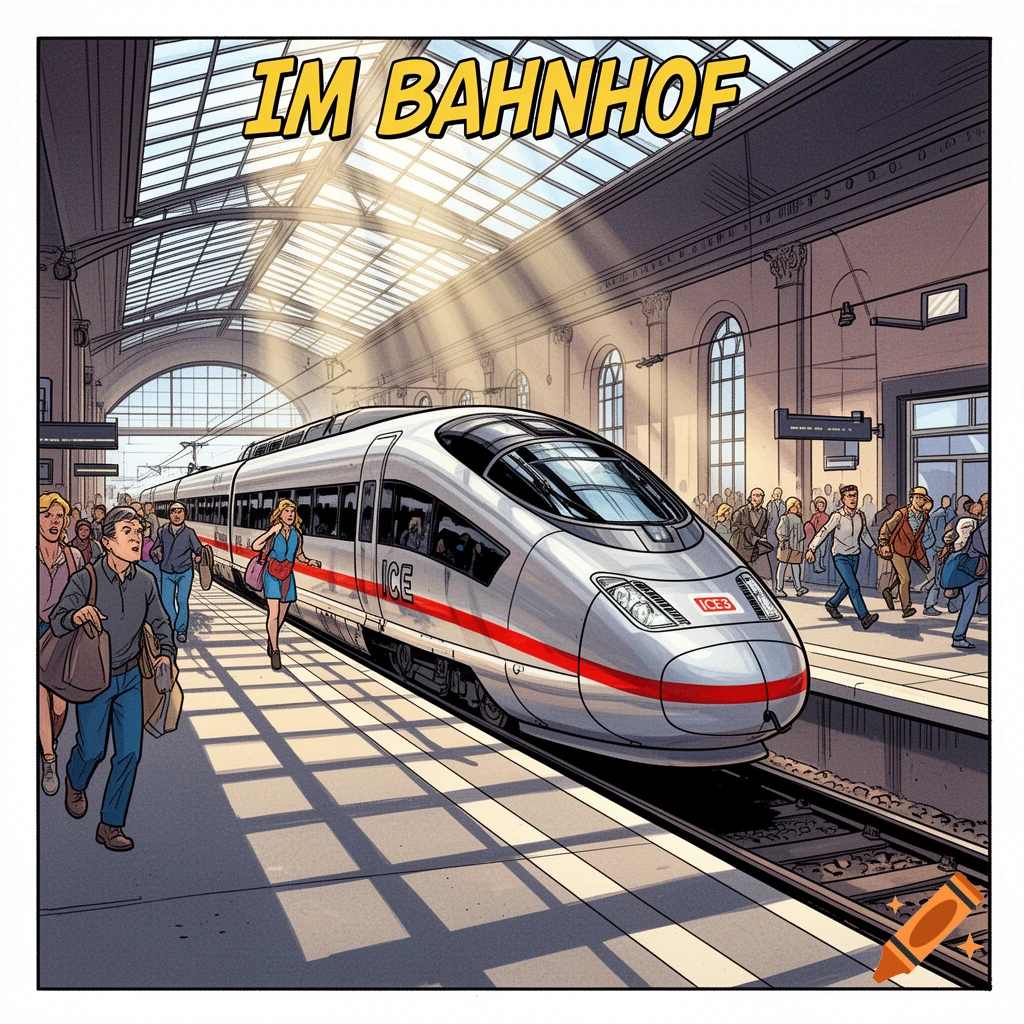 Comic art illustration of a silver ICE3 train at a bustling station platform under a glass roof. People walk along the platform. Text at the top reads "IM BAHNHOF".