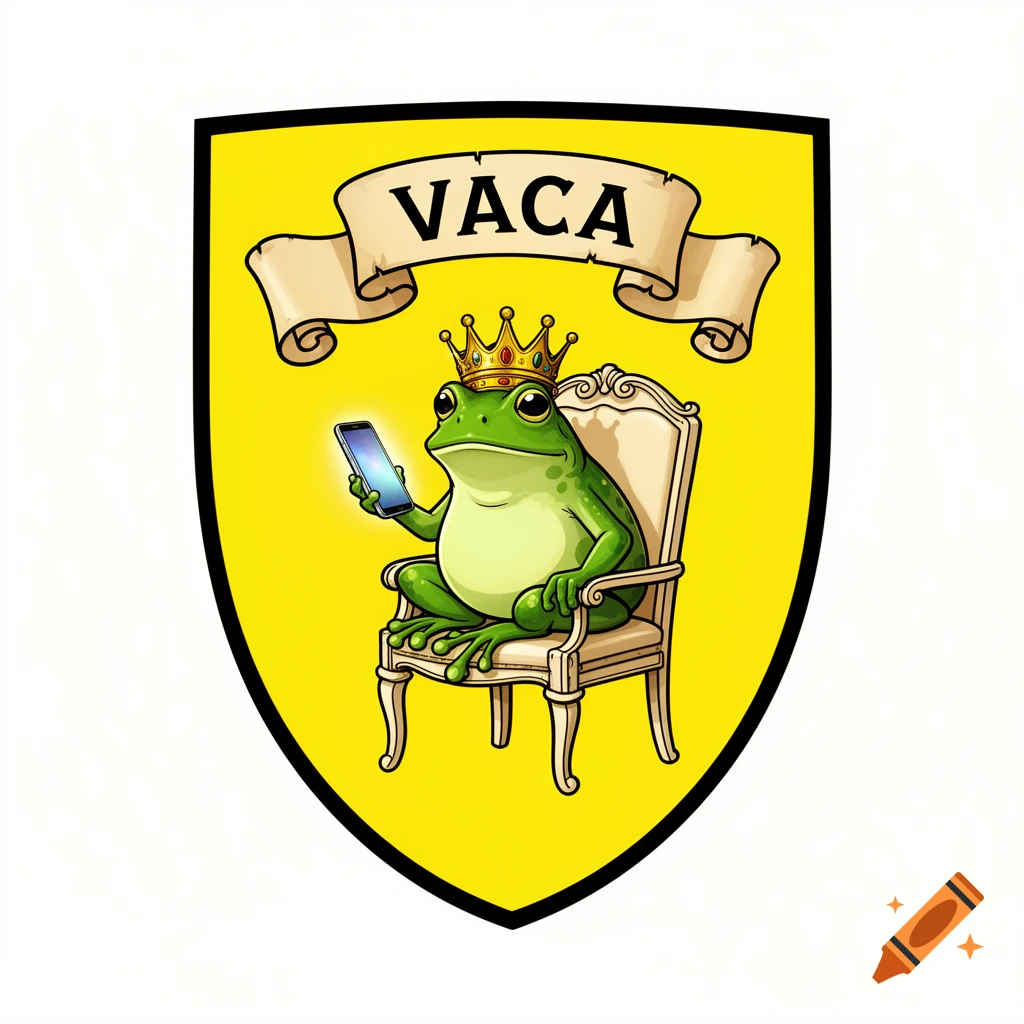 A cartoon frog king with a crown sits on an ornate chair, holding a smartphone inside a yellow shield with 'VACA' on a scroll.