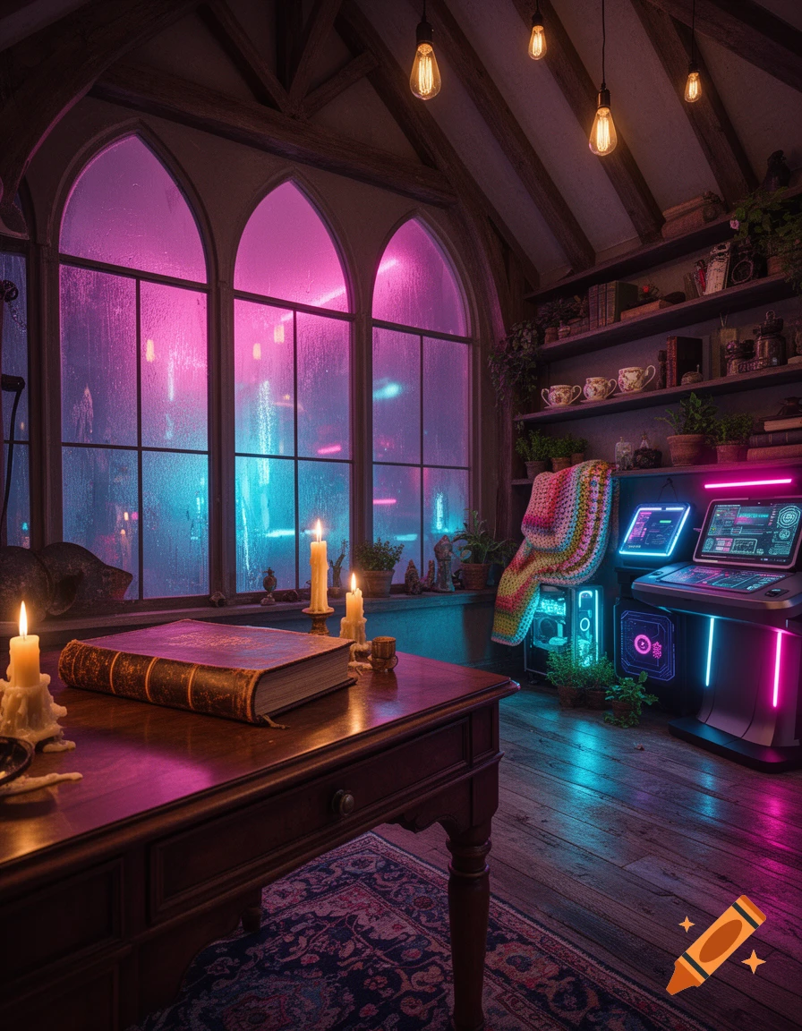 A moody interior study with gothic windows glowing pink and blue, featuring a wooden desk with candles and a book, and a corner with neon cyberpunk tech.