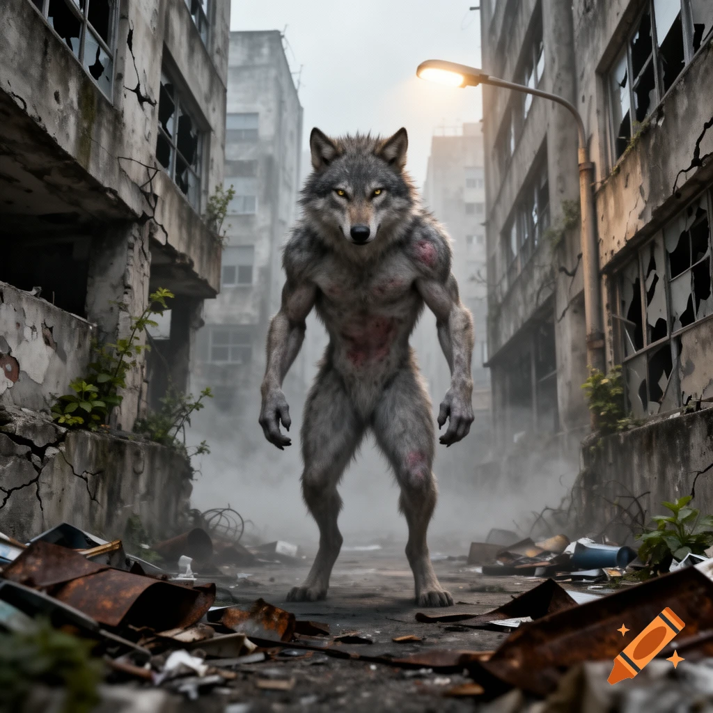 A muscular werewolf stands in the middle of a destroyed, rubble-filled city street with dilapidated buildings under a street lamp.