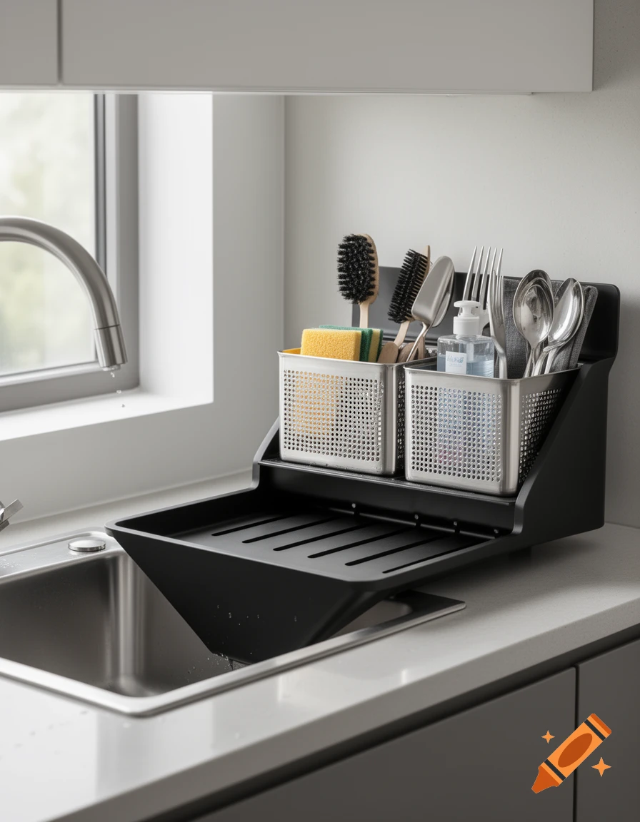 A photorealistic image of a black kitchen sink organizer with a drain pan, holding sponges, brushes, soap, and silverware next to a stainless steel sink.