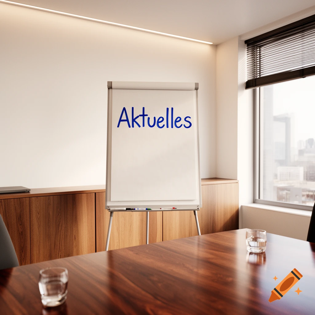 A modern office meeting room with a flip chart displaying 'Aktuelles', a wooden table with water glasses, and a city view from the window.